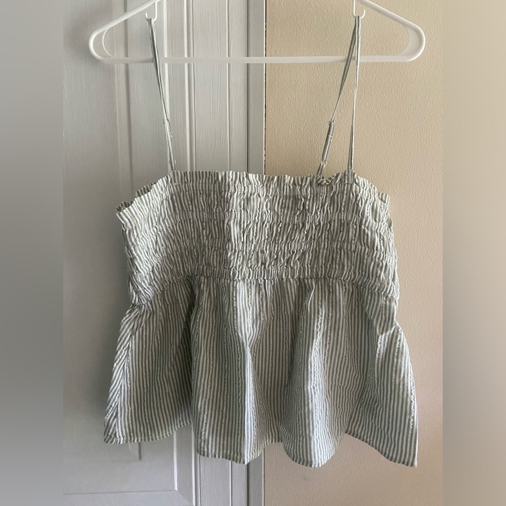 American Eagle Green White Crop Top Medium‎ 100% Cotton
